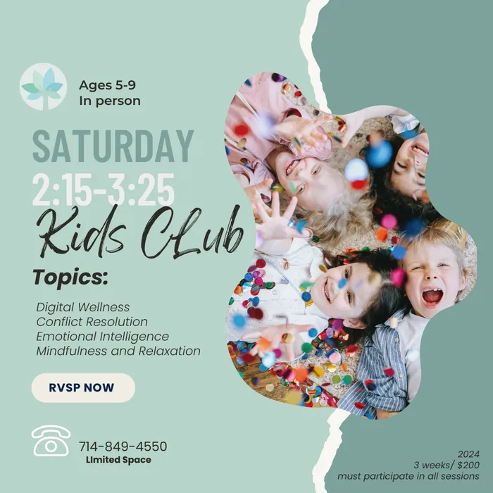 Kids Club flyer: Saturday in-person group for ages 5–9 covering digital wellness, conflict resolution, emotional intelligence, mindfulness and relaxation