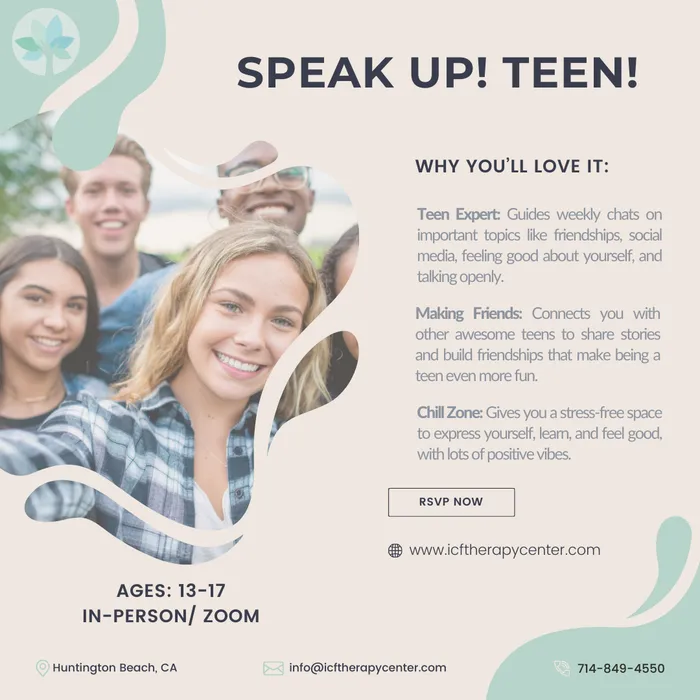 Speak Up! Teen! flyer: weekly group for ages 13–17, in person or on Zoom, with a teen expert, friendship-building and a stress-free space