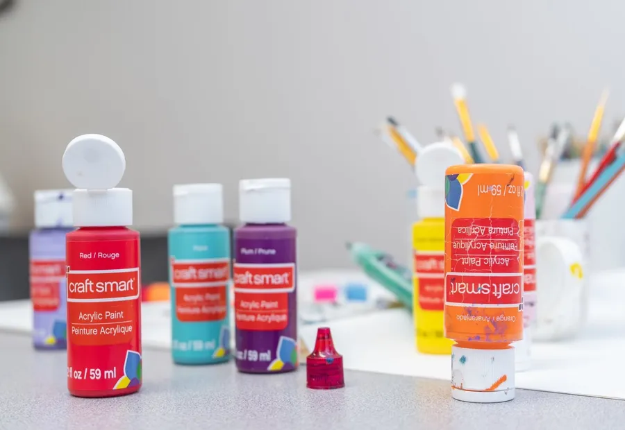 Bottles of acrylic paint and brushes for art therapy