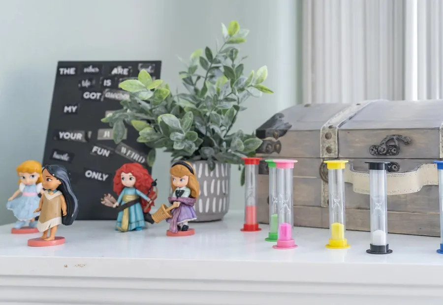 Figurines, a letter board and sand timers on a shelf