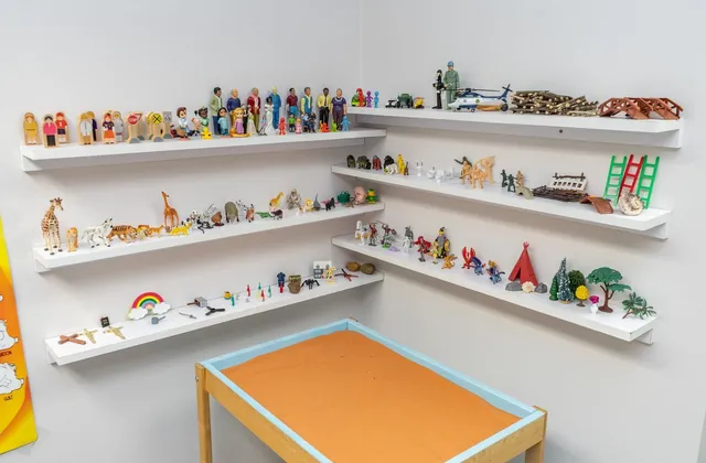 Shelves of sand-tray miniatures in a therapy room at Insight