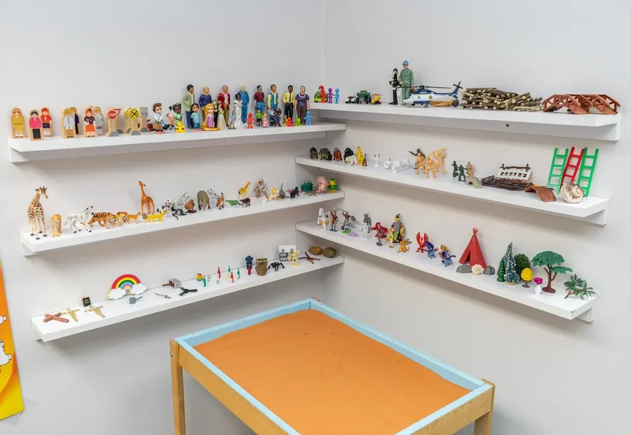 Shelves of sand-tray miniatures beside a sand table