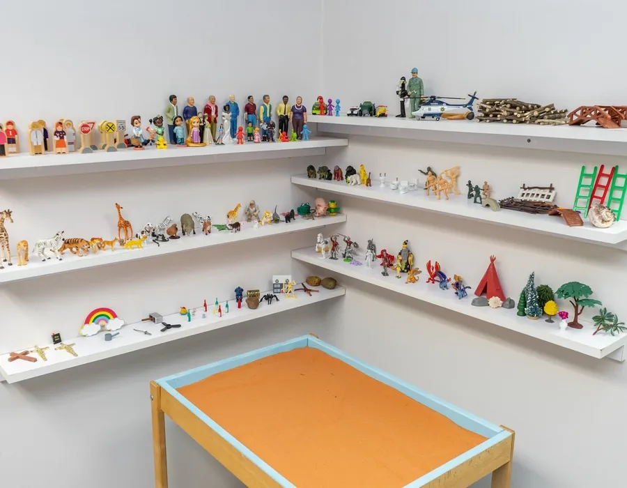 Shelves of sand-tray miniatures in a therapy room at Insight